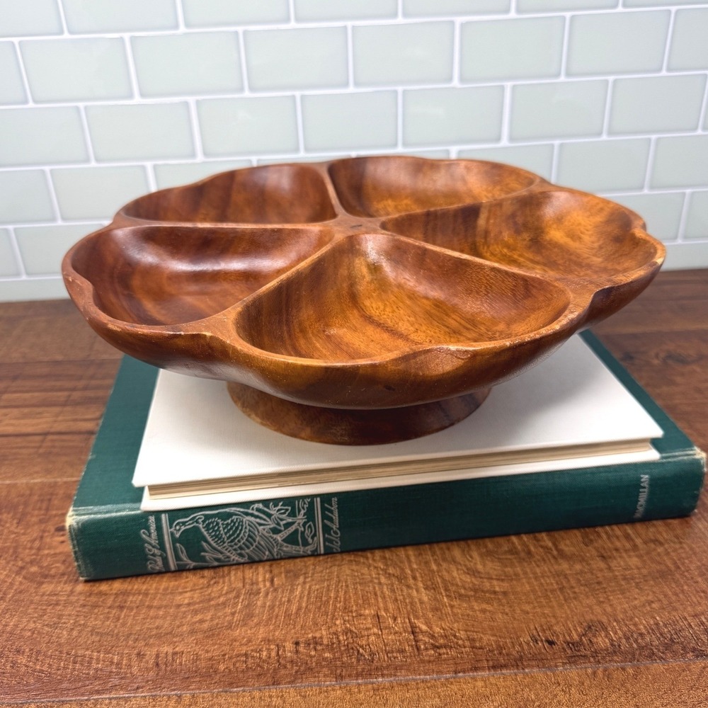 Vintage MCM Wood Lazy Susan Divided Serving Tray Petal Dish Boho Hostess Decor